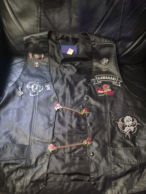 Kawasaki Black Leather Biker Vest with Rose Embellishments